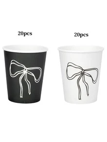 10个/20个/40个装蝴蝶结纸杯，黑白派对杯，简约蝴蝶结印花，杯口直径2.9英寸，杯高3.5英寸，适用于生日派对、迎婴派对、新娘送礼会、蝴蝶结主题派对、节日、活动用品，男女皆宜。 - 黑白 - 查看 9