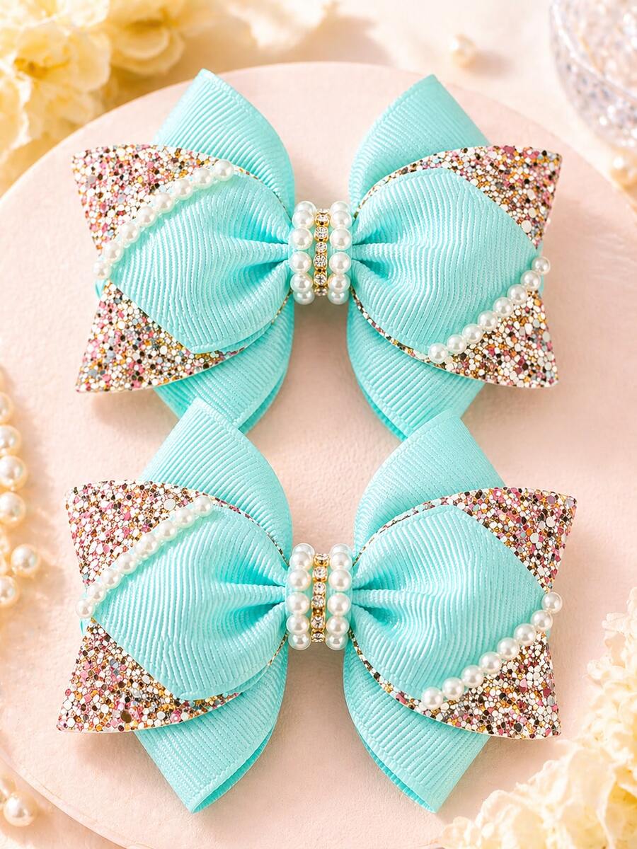 2pcs Green Bow Hair Clips For Girls, Sweet Pearl Decorated Crocodile Clips, Gift, Casual Daily Hair Accessories - Multicolor - View 1