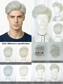 Men's Wave Curly Cosplay Wig Natural Layered Synthetic Wig, Suitable For Daily Party Clothing, Available In Black, Brown, Gold, And Grey, Realistic Appearance - Multicolor - View 5
