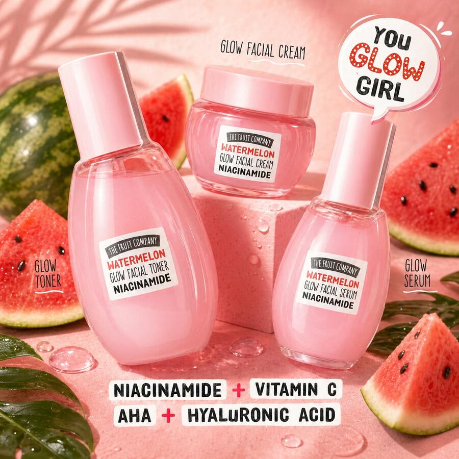 EverlyX The Fruit Company Glow Up Watermelon Facial Set - Include tonico, siero e crema viso con niacinamide, vitamina C, acido ialuronico e AHA - Idrata, illumina e migliora il tono della pelle giorno e notte - Routine completa in 3 fasi - ✅ Consegna in 3-5 giorni - Brillare - Visualizzare 1