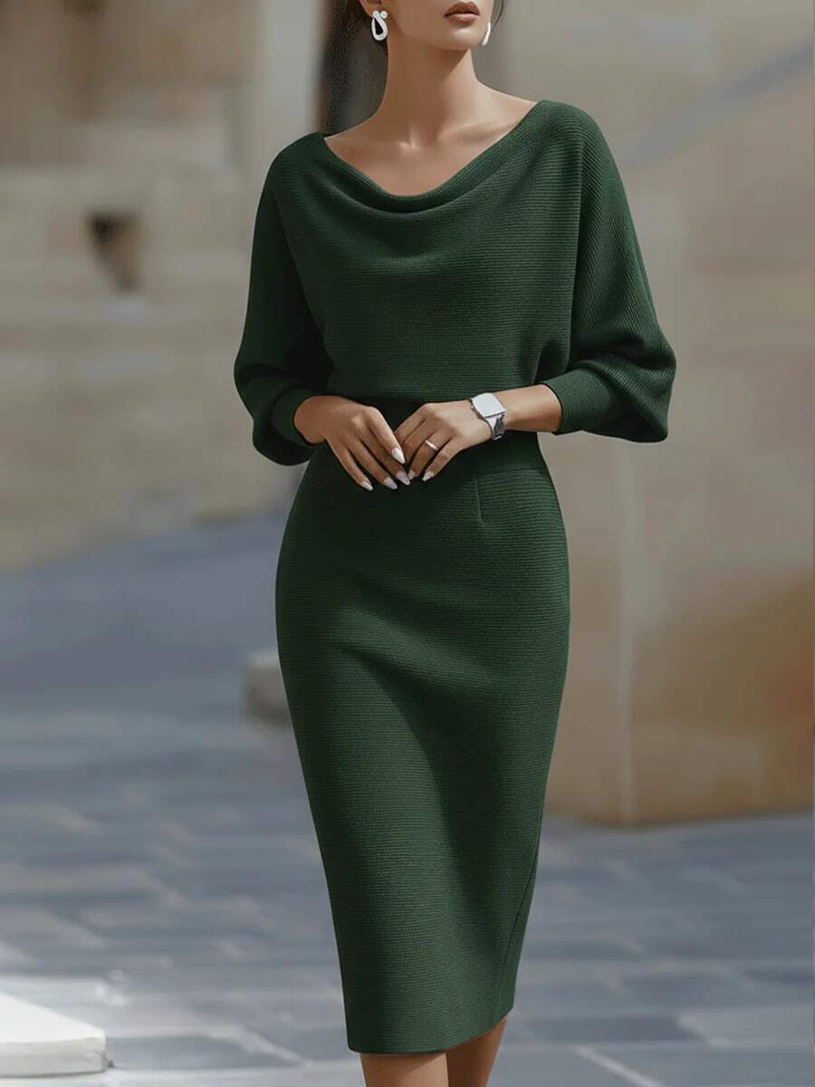 Women's Fashionable Elegant V-Neck Long Sleeve Dress, Batwing Sleeve Design, Waist-Cinching, Sexy And Graceful - Army Green - View 1