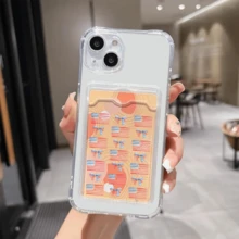 1 unidad Patrón acuarela banderas lazos Funda para iPhone 15 plus, protección anticaída con airbag reforzado en las cuatro esquinas, tarjetero invisible integrado en la parte trasera, compatible para tarjeta personal, carnet de conducir, tarjeta de acceso y tarjeta de transporte, funda protectora antigolpes portátil con ranura para tarjetas, diseño sencillo y elegante, ideal para uso diario, desplazamientos y viajes - transparente - Ver 2