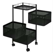 A multi-functional metal trolley with 3 folding baskets and wheels; suitable for kitchen and vegetable storage; a home storage item; a kitchen and bathroom storage trolley; a multi-functional organizing rack. - Schwarz - Übersicht 2