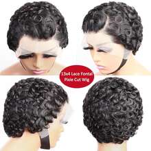 Curly Pixie Cut 13x4 Lace Front Wig Human Hair Wigs 13x4 HD Lace Frontal Wigs Short Layered Curly Glueless Wig Pre Plucked Deep Wave Pixie Cut Human Hair Wigs - Natural Black - 查看 5