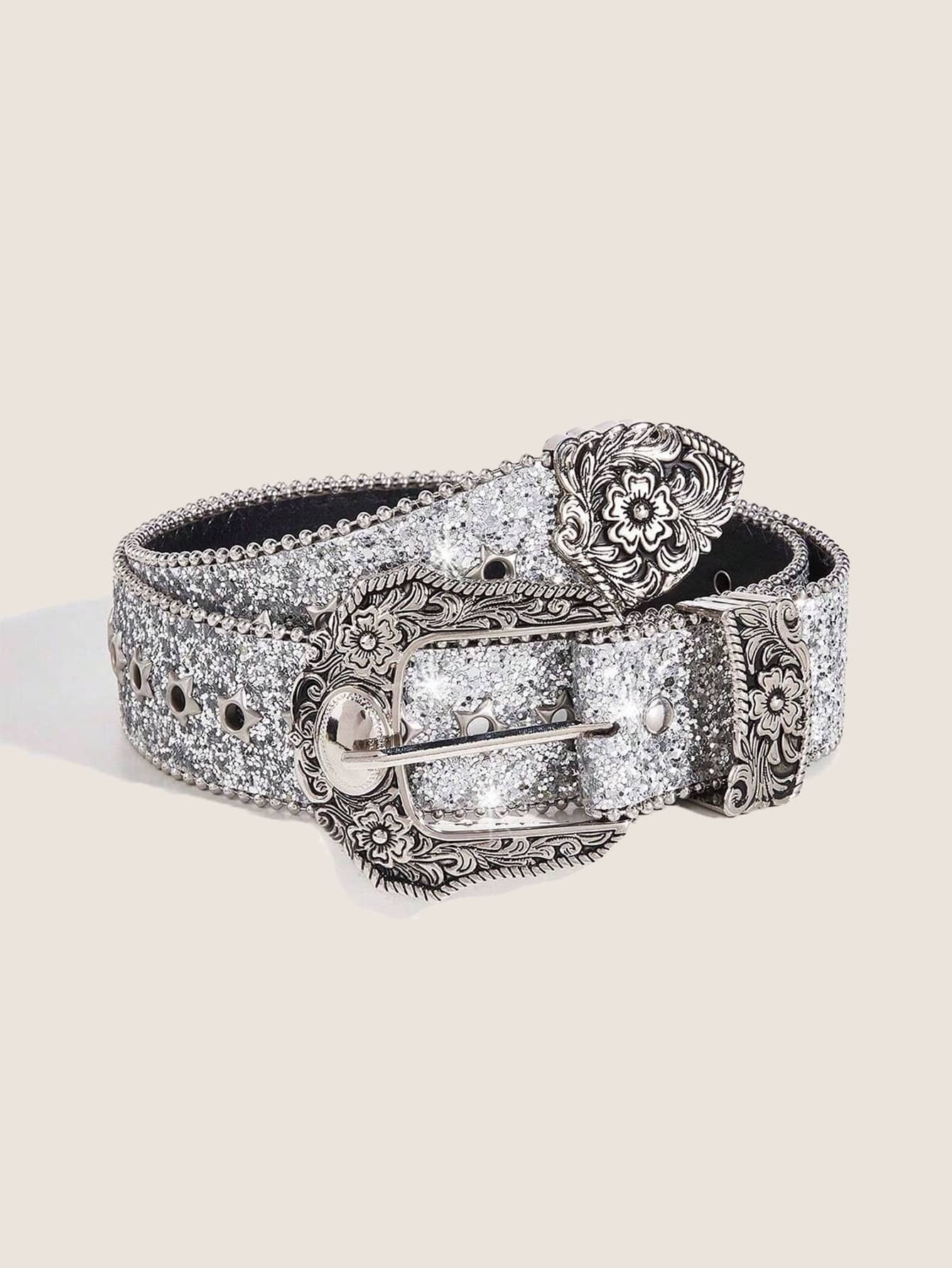 1条女士Y2K西部风格加厚腰带，饰有多巴胺星星和眼睛图案，适合日常穿着、派对、夏季和上学场合。 - 銀色 - 查看 1