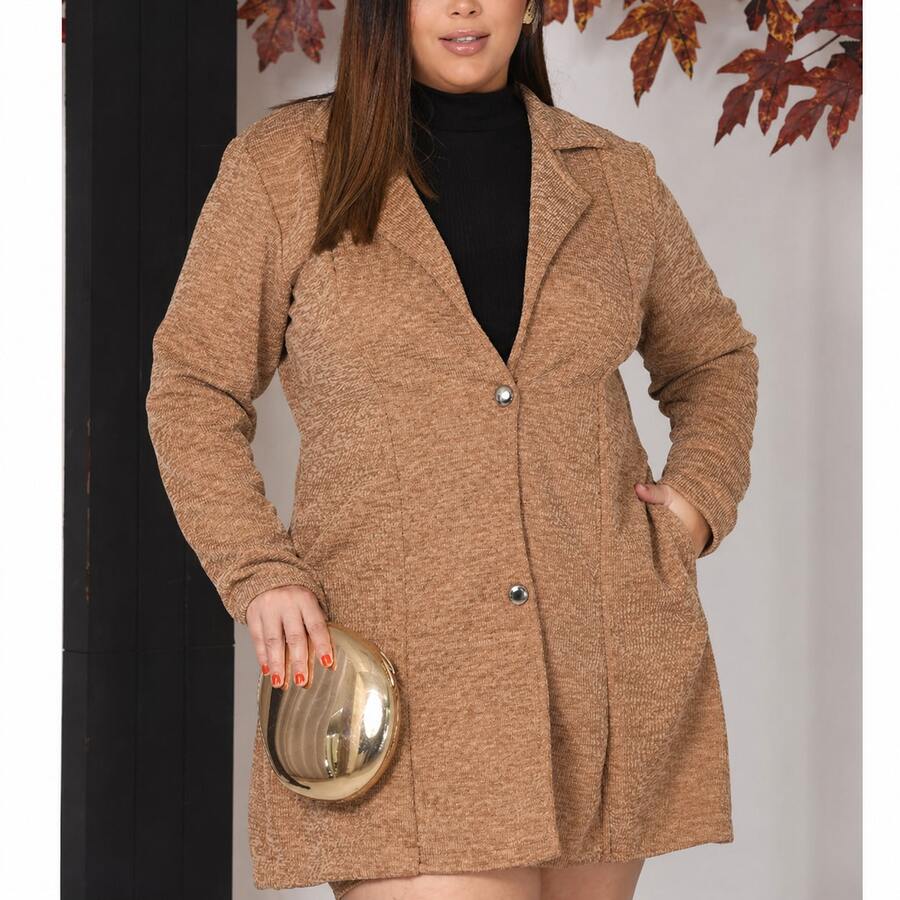 Women's Plus Size Curve Long Ribbed Knit Jacket With Pockets - Elegant Blazer - Autumn Fashion - Camel - View 1