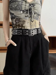1件美式時尚休閒鉚釘極簡百搭女款PU皮革腰帶 - 雙氣眼鉚釘黑色 - 查看 5
