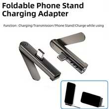 2-In-1 Foldable Stand Charging Adapter C-Type Stand Adapter, USB C To C Fast Charging Data Cable Stand Adapter Compatible With 17/17pro/16pro/16/15/15pro/ - Black - View 1