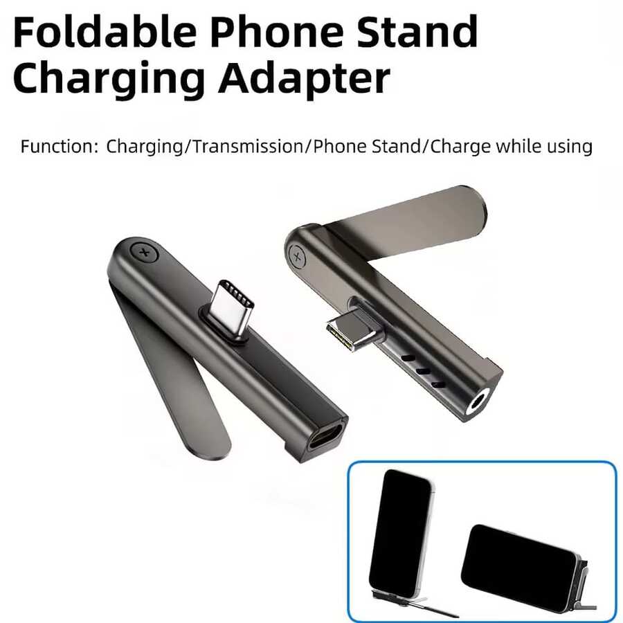 2-In-1 Foldable Stand Charging Adapter C-Type Stand Adapter, USB C To C Fast Charging Data Cable Stand Adapter Compatible With 17/17pro/16pro/16/15/15pro/ - Black - View 1