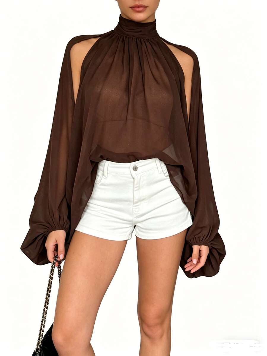 Womens Mock Neck T-Shirts Split Bishop Sleeve Solid Color Flowy Tops Classic Summer Blouses - 咖啡棕 - 查看 1