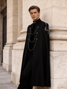 Black Vintage Gothic Cloak, Pearl Chain Decor Stand Collar Open Slit Design, Elegant Mysterious Slimming Outerwear, Suitable For Halloween Masquerade, Gothic Party, Medieval Theme Events, Showcasing Unique Charm And Sophistication - Black - View 4