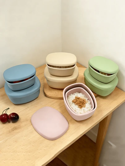 Bộ 2 hộp đựng thực phẩm kín hơi bằng silicon, hộp bento lồng vào nhau có thể tái sử dụng để đựng thực phẩm/trái cây, chống rò rỉ, an toàn khi rửa bằng máy rửa chén và để trong tủ lạnh.