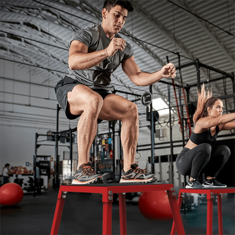 Hodeffior Steel Plyometric Jump Box, 31 / 46 / 61 Cm Plyo Box,Anti-Slip Rubber Surface & Stable Trapezoidal Design, Fixed Non-Slip Pads Fitness Jump Platform For Strength Training, Home & Gym Use - Red+Black 18in - View 1