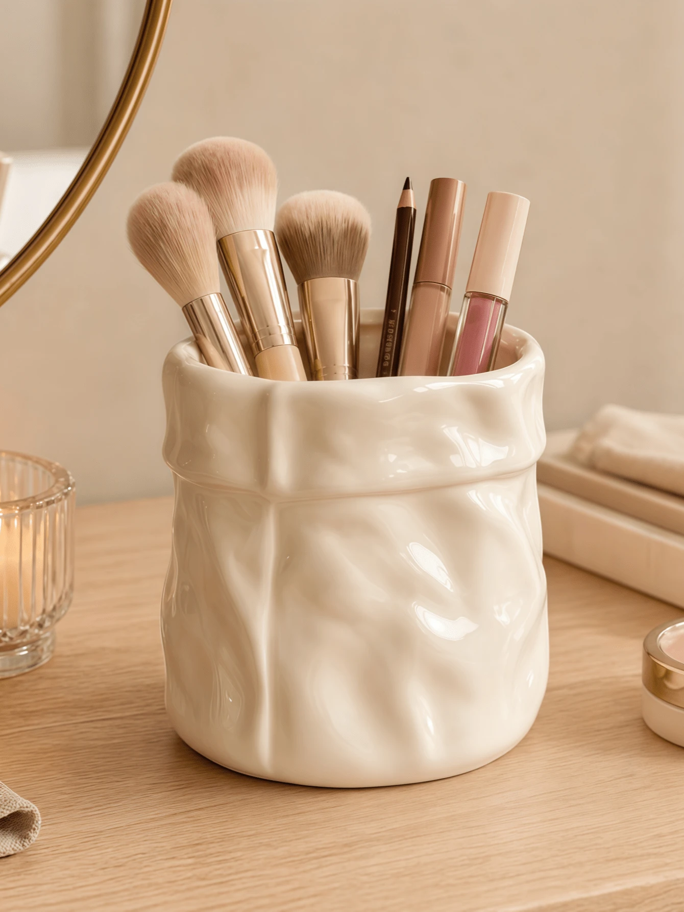 1pc Wrinkled Makeup Brush Holder, Cute Cosmetic Storage Cup Suitable For Vanity, Bathroom Countertop, Lipstick, Eyeliner, Eyebrow Pencil And Daily Makeup Tool Storage, Cream Pink Desktop Decor Gift - A - View 1