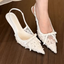 优雅网纱蝴蝶结露跟凉鞋，女童百搭尖头低跟绑带鞋 - 白色 - 查看 1
