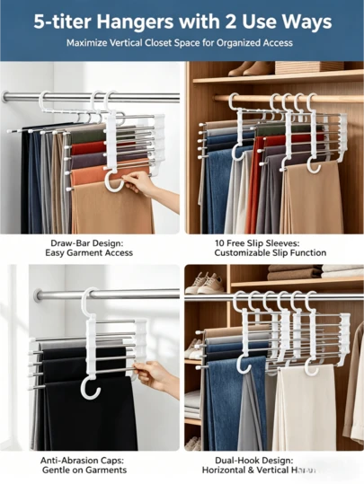 Reversible 5-Tier Pants Rack, Scratch-Resistant Trouser Hanger, Space-Saving Wardrobe Organizer For Jeans