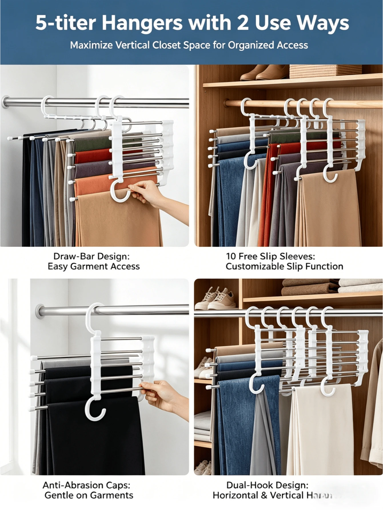Giá treo quần 5 tầng có thể đảo chiều, móc treo quần chống trầy xước, giá sắp xếp tủ quần áo tiết kiệm không gian cho quần jean.
