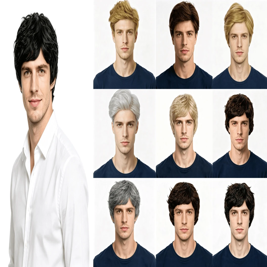 Men's Wave Curly Cosplay Wig Natural Layered Synthetic Wig, Suitable For Daily Party Clothing, Available In Black, Brown, Gold, And Grey, Realistic Appearance - Multicolor - View 1