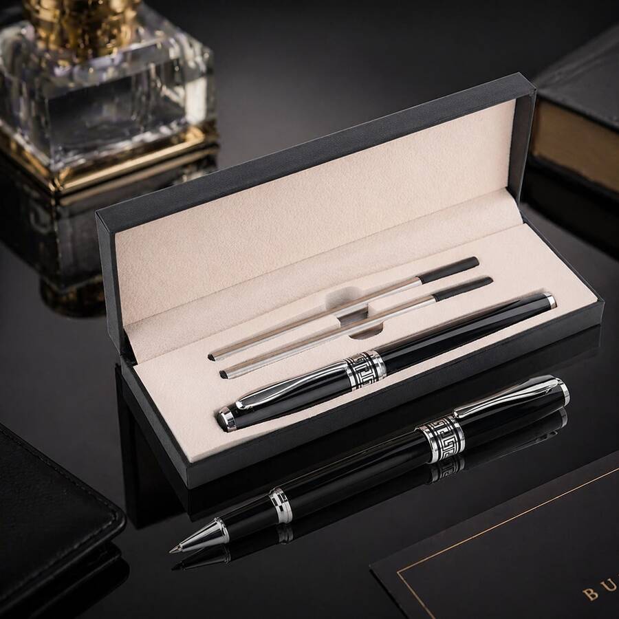 Luxury Black & Silver Metal Ball Pen Gift Set, Includes 2 Replaceable Refills, High-Quality Smooth Writing Business Signature Pen, Comes With Gift Box, Suitable For Father's Day, Graduation, Corporate Gifts For Men, Back To School - 626# Set - View 1