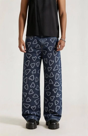 ONE.DINY Fashion Jacquard Loose Wide Leg Blue Jeans, French Street Vacation Style Casual Pants