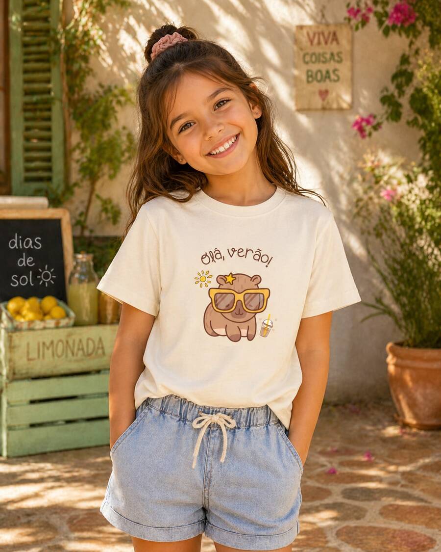 Girls' T-Shirt, Hi Summer Capybara Brazil, Cotton - 米色 - 查看 1