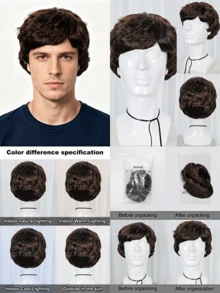 Men's Wave Curly Cosplay Wig Natural Layered Synthetic Wig, Suitable For Daily Party Clothing, Available In Black, Brown, Gold, And Grey, Realistic Appearance - Multicolor - View 8
