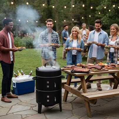 2-In-1 Stacker Smoker BBQ And Fire Pit Outdoor Charcoal Grill With Dual Cooking Layers, Heat Control Air Vents And Built-In Thermometer For Backyard Cooking