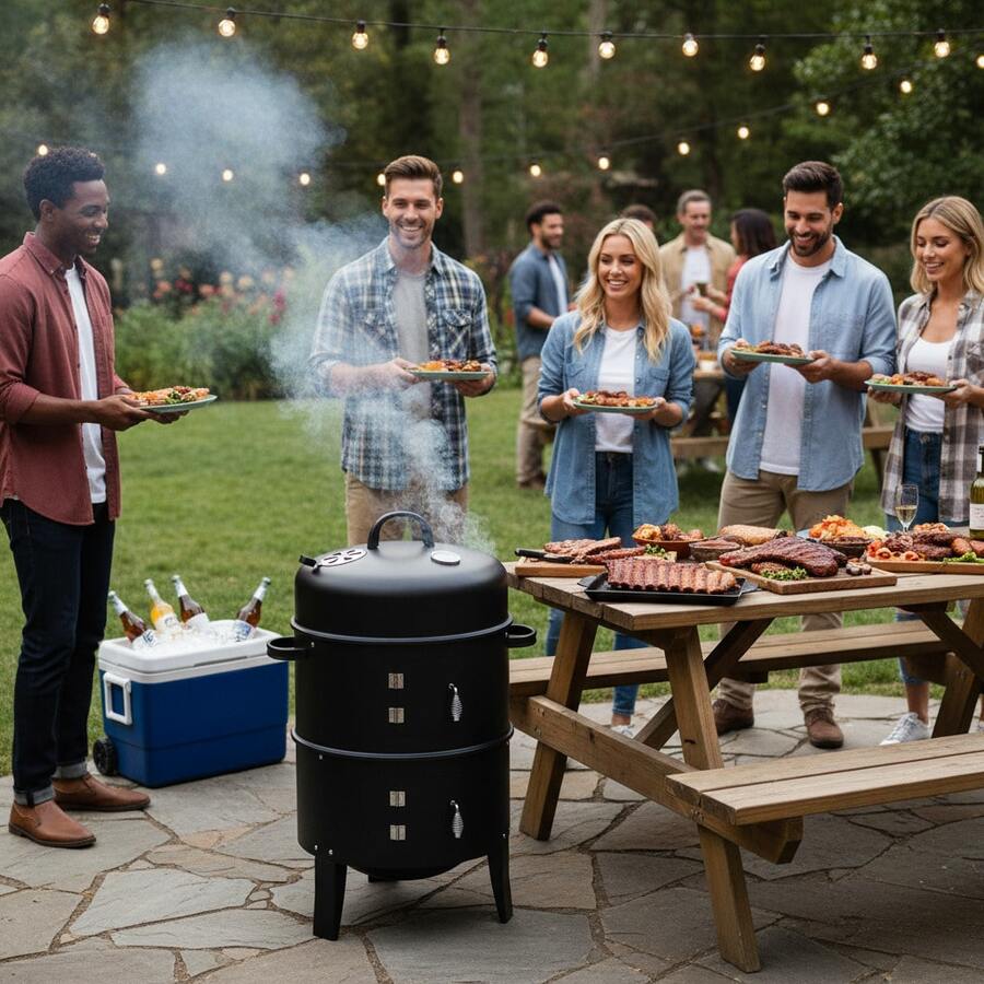 2-In-1 Stacker Smoker BBQ And Fire Pit Outdoor Charcoal Grill With Dual Cooking Layers, Heat Control Air Vents And Built-In Thermometer For Backyard Cooking - A - View 1
