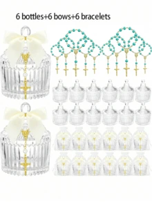 6 bộ bát đựng kẹo pha lê 24 chiếc dành cho khách dự lễ rửa tội, bao gồm 6 chuỗi hạt Mân Côi hình thánh giá và hoa hồng, thích hợp trang trí lễ rửa tội, đám cưới, tiệc mừng em bé chào đời, lễ rước lễ lần đầu (màu trắng) - Nhiều màu - Xem 24