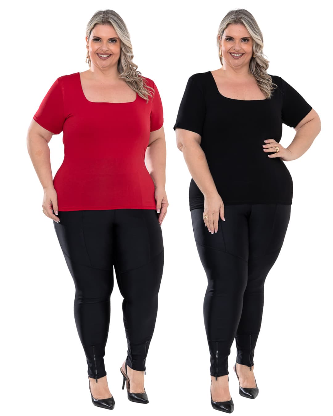 Kit 2 Blusinha Plus Size Feminina Básica Confortável Manga Curta Gola Quadrada - Preto-Vermelho - Visão 1