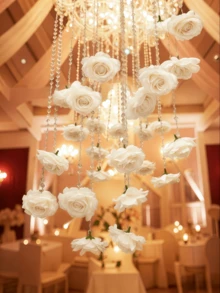 1 Set White Rose Waterfall Hanging Decor, Includes 10pcs Artificial Roses + 10m Crystal Bead Artificial Rose Decor, Suitable For Wedding, Valentine's Day, Bridal Shower, Birthday Party, Home Garden Decoration - White - View 3