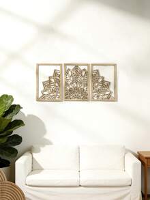 3pcs Mandala Style Wooden Wall Decor, Floral Carved Wall Art, Minimalist Natural Home Decoration, Geometric Hollow Design, Elegant Modern Wall Hanging Decor, Suitable For Living Room, Bedroom, Office, Hallway And Other Spaces, Aesthetic Bohemian Style Wall Art - Floral Style - View 8