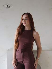 Women's Ribbed Tank Top, Premium Cotton, Elegant - Rust Brown - View 1