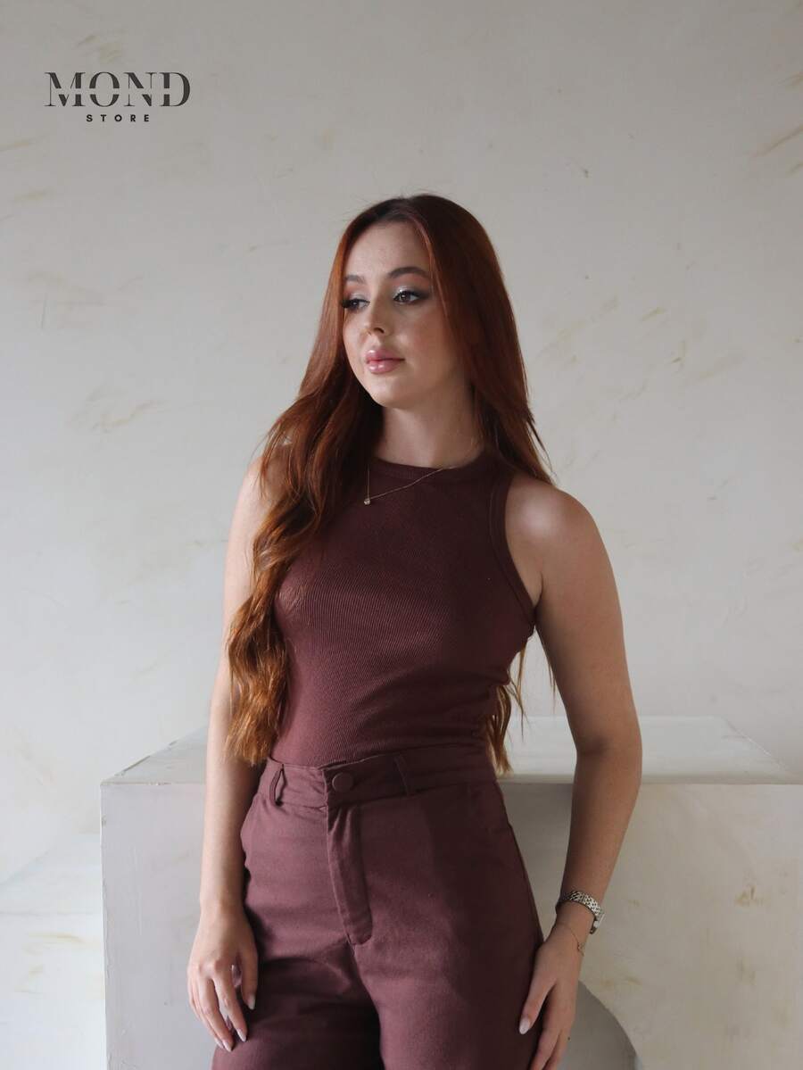 Women's Ribbed Tank Top, Premium Cotton, Elegant - Rust Brown - View 1