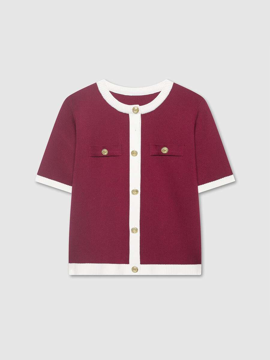 Áo khoác cardigan tay ngắn phối màu dành cho nữ, kiểu dáng thường ngày, đa năng, thích hợp mặc hàng ngày. - Đỏ và trắng - Xem 1