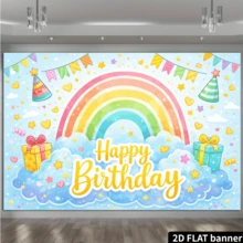 2D Flat Rainbow Theme Birthday Party Backdrop, Featuring Clouds, Gift Boxes, Party Hats, Flags, Stars And Hearts, Made Of Durable Polyester Material, No Power Required, Suitable For Indoor/Outdoor Celebrations, Versatile Wall Decor And Photo Backdrop, Ideal For Home Gatherings, Office Events, Outdoor Parties, Studio Setups, Holiday Gifts, Lightweight And Easy To Hang, Vibrant And Cozy Decoration - 1 - View 3