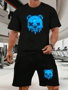 1pc Men's Melting Bear Print Shorts- Matching Shorts, Suit For Gym, Casual & Night Out, Machine Washable Sportswear (Spring/Summer) - Blue Neon Glow Design, Comfortable Round Neck & Drawstring Waist, Breathable Fabric For Year-Round Wear, Stylish Matching Shorts For Men With Glowing Bear Print, Ideal For Sports & More - Graphic Shorts, Cotton Shorts, Casual Shorts, Oversized Shorts, Cool Shorts, Everyday Shorts, Basic Shorts, Comfy Shorts, Summer Shorts, Mens Clothes, Graphic Shorts Men. - Quần short đen - Xem 4