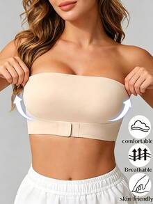 Women's Strapless Seamless Front Closure Wireless Non-Slip Sexy Bandeau Camisole Bra, Invisible Wireless Half Cup One-Piece Lingerie - 杏色 - 查看 2