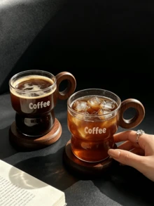 1 Set Coffee Glass & Wooden Saucer, Nordic Ins Style Latte Art Cup & Saucer, Vintage Breakfast, Milk, Afternoon Tea, Dessert Cup & Saucer, Suitable For Restaurant, Living Room, Cafe, Dessert Shop, Gathering - Transparent - View 6
