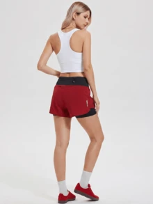 KyrLssu Women's High Waist Contrast Color Belt Letter Print Casual Shorts - Red - View 3