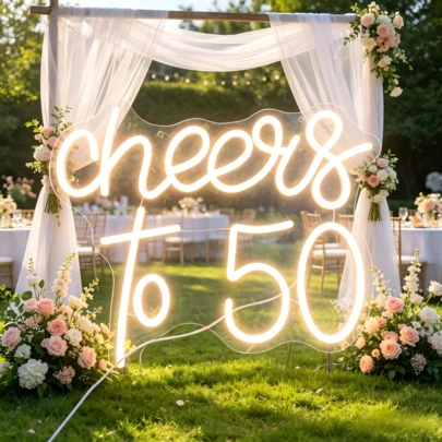 1 Biển hiệu neon "Chúc mừng sinh nhật lần thứ 50", đèn LED trắng ấm trang trí tiệc sinh nhật lần thứ 50, đèn neon chạy bằng USB dùng để trang trí nhà cửa, phòng ngủ, phòng khách, quà tặng kỷ niệm.
