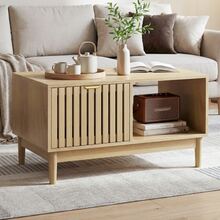 Mid-Century Modern Style 80cm Coffee Table, Living Room Center Table With Grid Structure, One Drawer, Open Shelves And Solid Wood Legs, Oak Color. - Natural Color - View 10