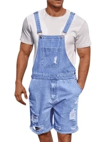 2026 Hot  Men's Distressed Denim Bib Overall Shorts - Relaxed Fit, Knee-Length, Multi-Pocket Design | Non-Stretch Woven Denim Fabric, Casual Style, Machine Washable & Dry Cleanable, Summer Casual Wear - 淺藍色 - 查看 7