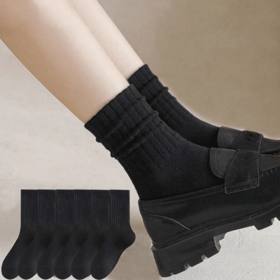 6 Pairs Women's Solid Color Boat Socks Suitable For Daily Wear - Black - View 1
