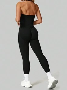 DINBEY Áo tank top yoga hở lưng, cổ yếm, có áo ngực 3 lớp tích hợp, dành cho nữ, dùng cho hoạt động ngoài trời và chạy bộ. - màu đen - Xem 3