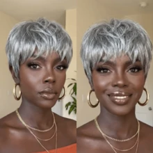 ZHENDEFA Women's Short Grey Human Hair Wig With Bangs, Layered Short Straight Pixie Cut, Brazilian Human Hair, Elastic Mesh Full Machine Woven, Suitable For Holidays, Parties, Daily Wear - SGray - View 2