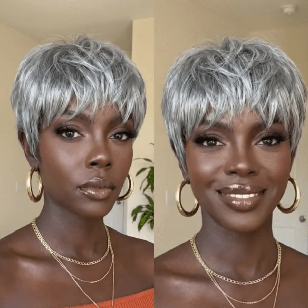 ZHENDEFA Women's Short Grey Human Hair Wig With Bangs, Layered Short Straight Pixie Cut, Brazilian Human Hair, Elastic Mesh Full Machine Woven, Suitable For Holidays, Parties, Daily Wear