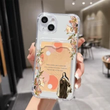 1 unidad Lirios rosas bordes estampa religiosa Funda para iPhone 16, protección anticaída con airbag reforzado en las cuatro esquinas, tarjetero invisible integrado en la parte trasera, compatible para tarjeta personal, carnet de conducir, tarjeta de acceso y tarjeta de transporte, funda protectora antigolpes portátil con ranura para tarjetas, diseño sencillo y elegante, ideal para uso diario, desplazamientos y viajes - transparente - Ver 2