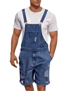 2026 Hot  Men's Distressed Denim Bib Overall Shorts - Relaxed Fit, Knee-Length, Multi-Pocket Design | Non-Stretch Woven Denim Fabric, Casual Style, Machine Washable & Dry Cleanable, Summer Casual Wear - 藍色 - 查看 8
