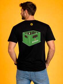 Casual T-Shirt With Green Beer Crate Design, Minimalist Style, For Hanging Out With Friends And Bars | 100% Cotton, Brazilian Style, Perfect For Hanging Out With Friends And Bars - Black - View 2